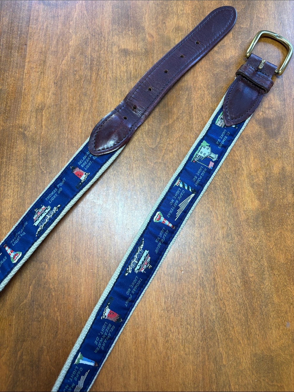 Men's Navy Lighthouse Ribbon Canvas Belt with Brown Leather Trim - Picture 4 of 11
